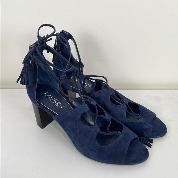 Ralph Lauren Women’s Shoes 10B Ankle Wrap Tassel Blue Sheep Leather Block Heel - Picture 1 of 10